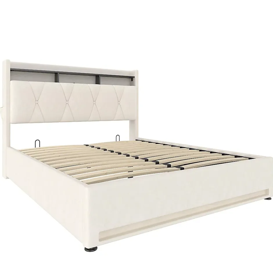 Blackcolors Cadre lit rembourré 140x200 cm, LED, USB-C, rangement hydraulique sous lit - beige Discount