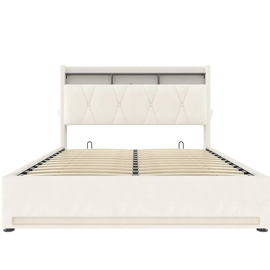 Blackcolors Cadre lit rembourré 140x200 cm, LED, USB-C, rangement hydraulique sous lit - beige Discount
