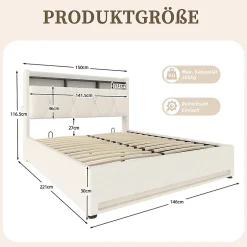 Blackcolors Cadre lit rembourré 140x200 cm, LED, USB-C, rangement hydraulique sous lit - beige Discount