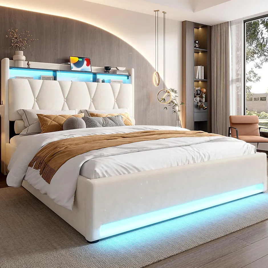 Blackcolors Cadre lit rembourré 140x200 cm, LED, USB-C, rangement hydraulique sous lit - beige Discount