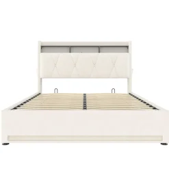 Blackcolors Cadre lit rembourré 140x200 cm, LED, USB-C, rangement hydraulique sous lit - beige Discount