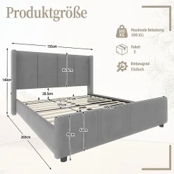 Blackcolors Cadre lit rembourré 140x190 cm, tête/pied hauts, USB, fer/bois - gris
