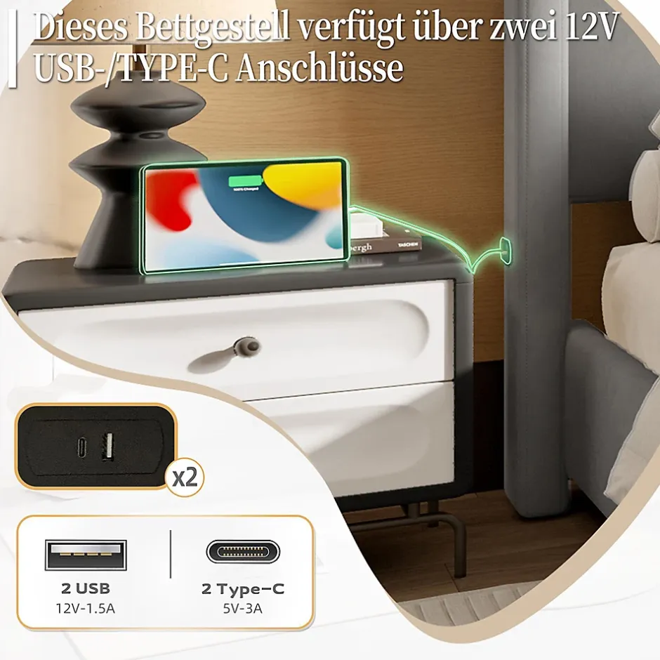 Blackcolors Cadre lit rembourré 140x190 cm, tête/pied hauts, USB, fer/bois - gris