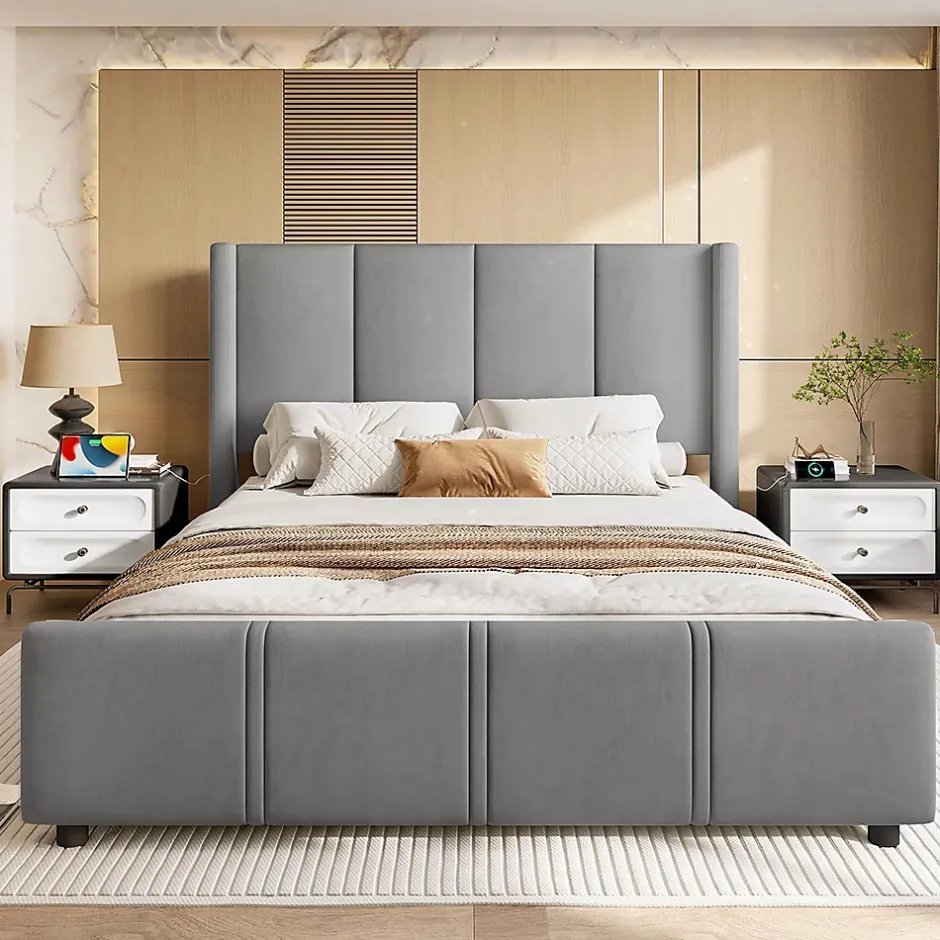 Blackcolors Cadre lit rembourré 140x190 cm, tête/pied hauts, USB, fer/bois - gris