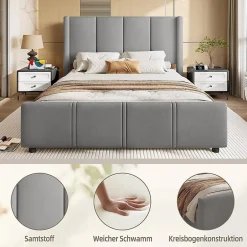 Blackcolors Cadre lit rembourré 140x190 cm, tête/pied hauts, USB, fer/bois - gris