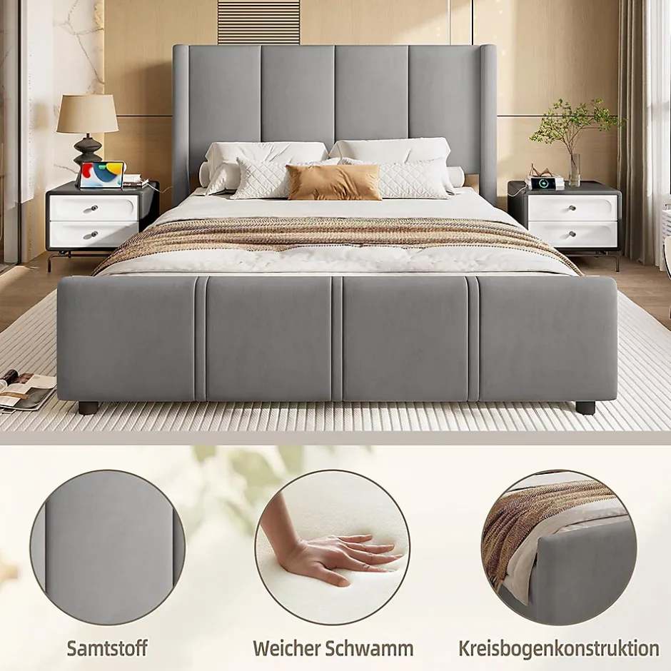 Blackcolors Cadre lit rembourré 140x190 cm, tête/pied hauts, USB, fer/bois - gris