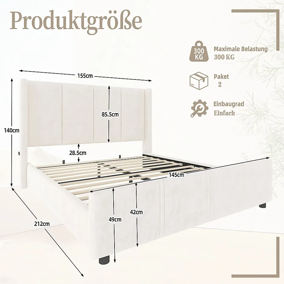 Blackcolors Cadre lit 140x200cm, tête/pied hauts, USB, fer + bois, beige Hot