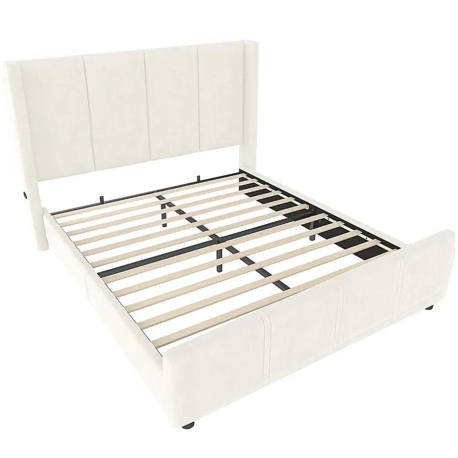 Blackcolors Cadre lit 140x200cm, tête/pied hauts, USB, fer + bois, beige Hot