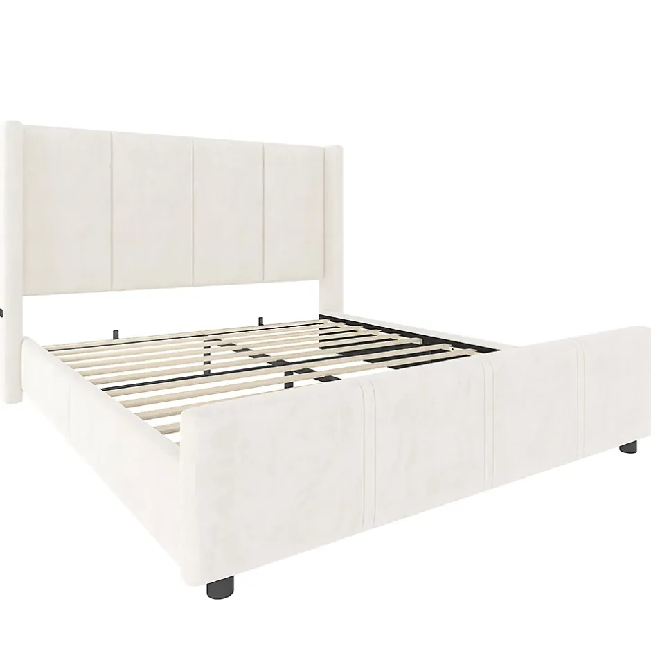 Blackcolors Cadre lit 140x200cm, tête/pied hauts, USB, fer + bois, beige Hot