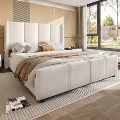 Blackcolors Cadre lit 140x200cm, tête/pied hauts, USB, fer + bois, beige Hot