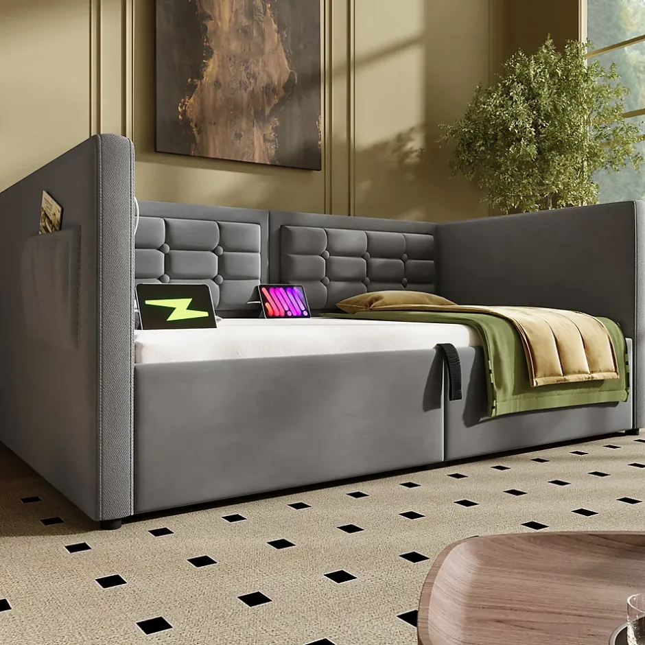 Redom Canapé 3 places convertible en tissu avec mécanisme clic-clac, accoudoirs et style contemporain pour salon Best