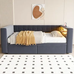 Redom Canapé 3 places convertible 200x90x85 cm avec couchage 140x190 cm, coffre de rangement, tissu gris design