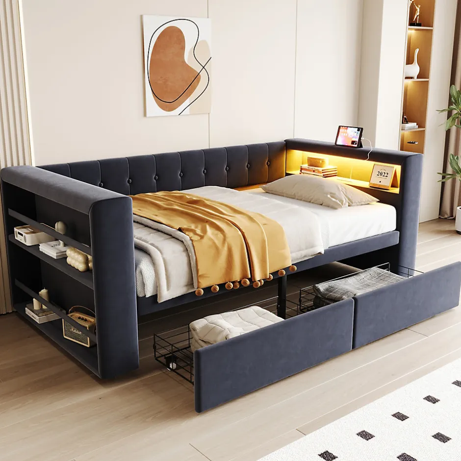 Redom Canapé 3 places convertible 200x90x85 cm avec couchage 140x190 cm, coffre de rangement, tissu gris design