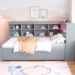 Redom Canapé en bois massif 140x200 cm avec grands tiroirs port USB bande LED étagères rangement lit double multifonction gris