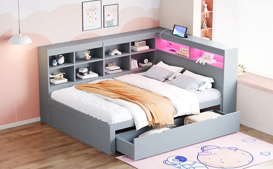 Redom Canapé en bois massif 140x200 cm avec grands tiroirs port USB bande LED étagères rangement lit double multifonction gris