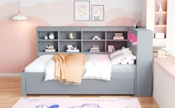 Redom Canapé en bois massif 140x200 cm avec grands tiroirs port USB bande LED étagères rangement lit double multifonction gris