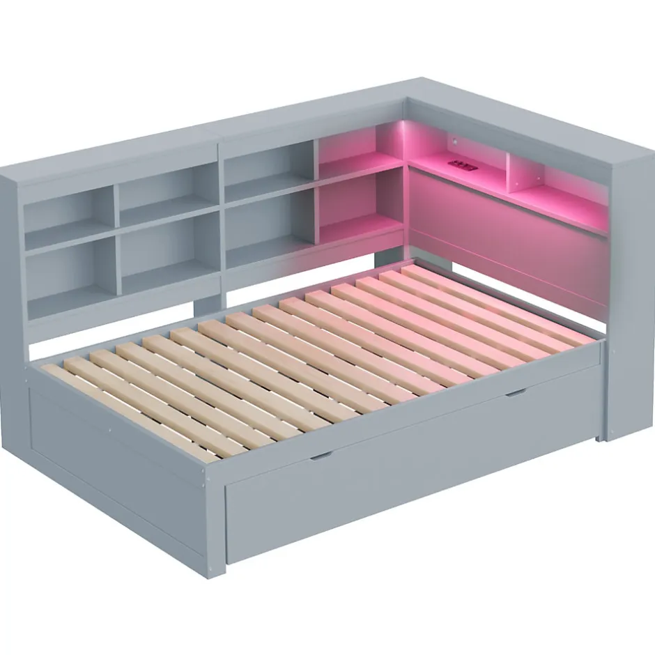 Redom Canapé en bois massif 140x200 cm avec grands tiroirs port USB bande LED étagères rangement lit double multifonction gris