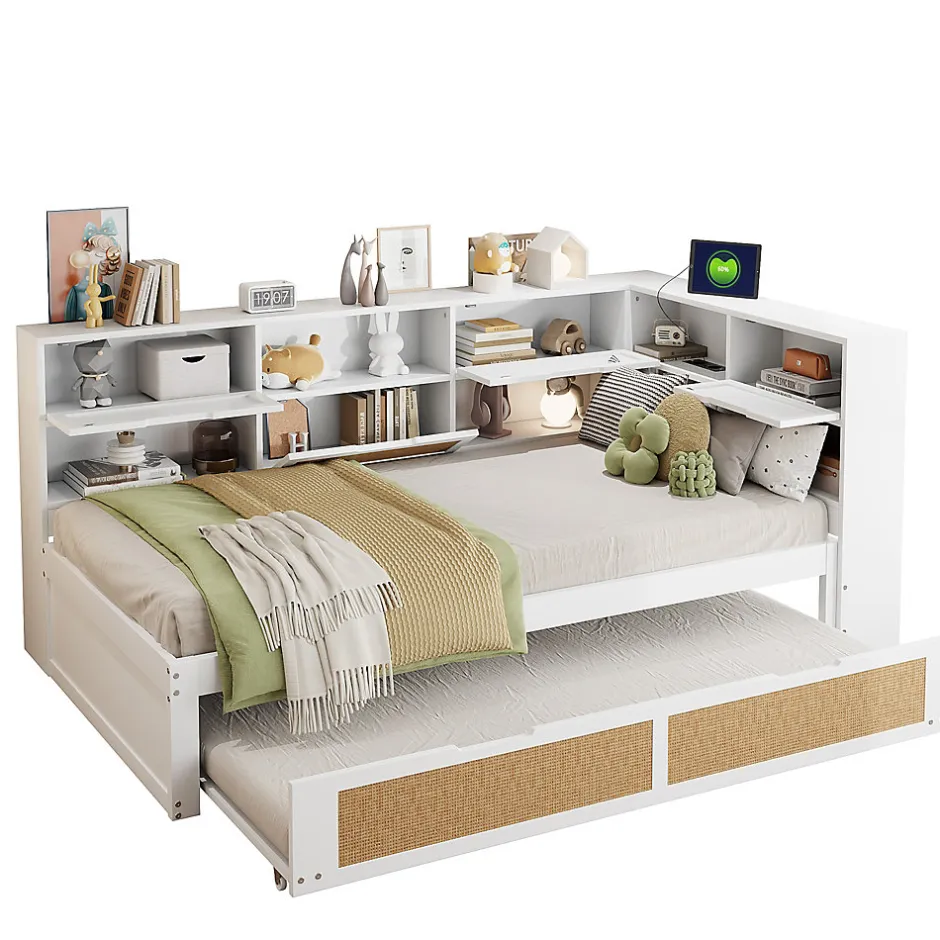 Redom Canapé lit bois 90x200 avec lit gigogne lit simple multifonction avec rangements et prise de charge couleur blanche
