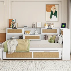 Redom Canapé lit bois 90x200 avec lit gigogne lit simple multifonction avec rangements et prise de charge couleur blanche