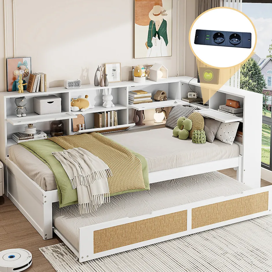 Redom Canapé lit bois 90x200 avec lit gigogne lit simple multifonction avec rangements et prise de charge couleur blanche