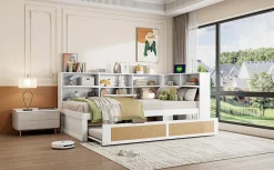 Redom Canapé lit bois 90x200 avec lit gigogne lit simple multifonction avec rangements et prise de charge couleur blanche