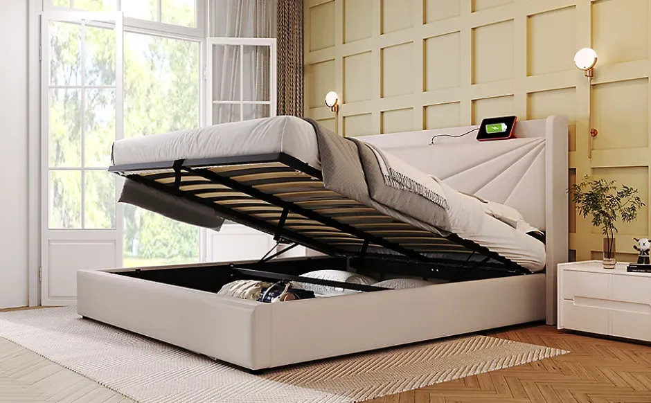 Redom Canapé lit 180x200 cm tête de lit avec ports USB et Type C et coffre de rangement en tissu lin coton beige, structure métal Discount