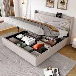 Redom Canapé lit 180x200 cm tête de lit avec ports USB et Type C et coffre de rangement en tissu lin coton beige, structure métal Discount