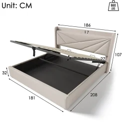Redom Canapé lit 180x200 cm tête de lit avec ports USB et Type C et coffre de rangement en tissu lin coton beige, structure métal Discount