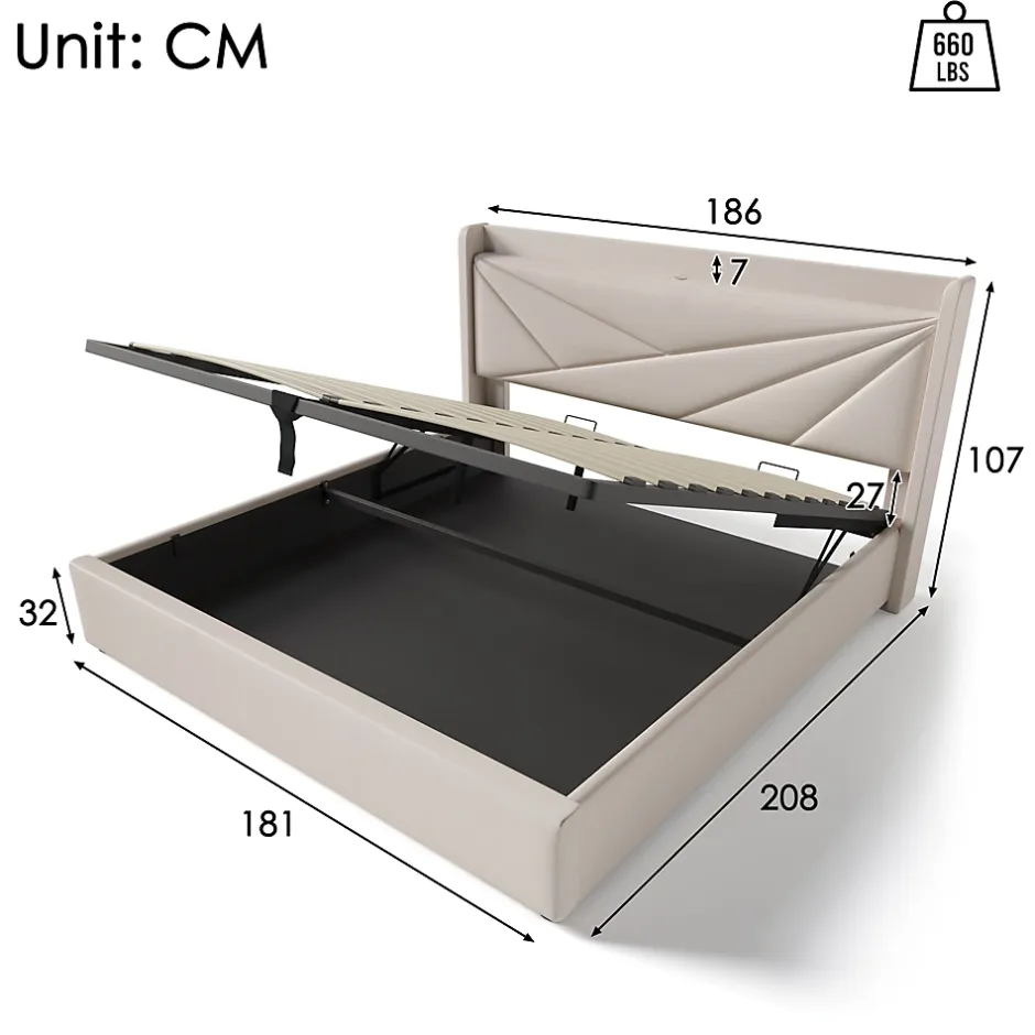 Redom Canapé lit 180x200 cm tête de lit avec ports USB et Type C et coffre de rangement en tissu lin coton beige, structure métal Discount