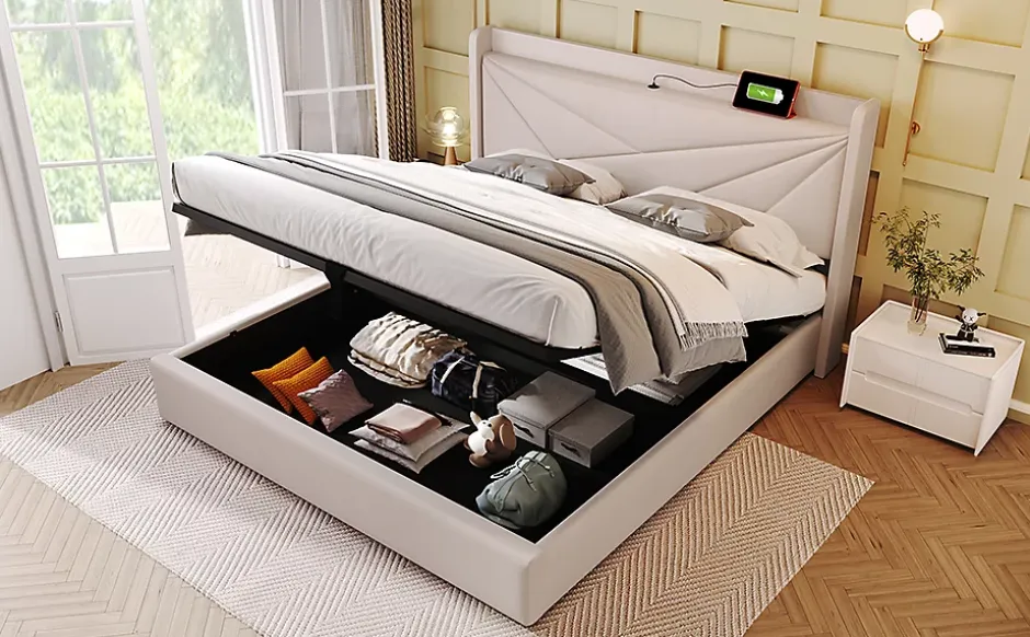 Redom Canapé lit 180x200 cm tête de lit avec ports USB et Type C et coffre de rangement en tissu lin coton beige, structure métal Discount