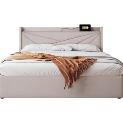 Redom Canapé lit 180x200 cm tête de lit avec ports USB et Type C et coffre de rangement en tissu lin coton beige, structure métal Discount