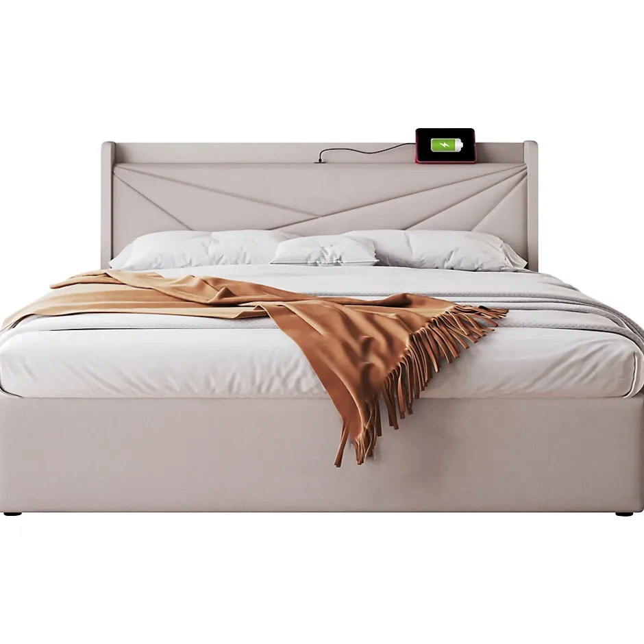 Redom Canapé lit 180x200 cm tête de lit avec ports USB et Type C et coffre de rangement en tissu lin coton beige, structure métal Discount