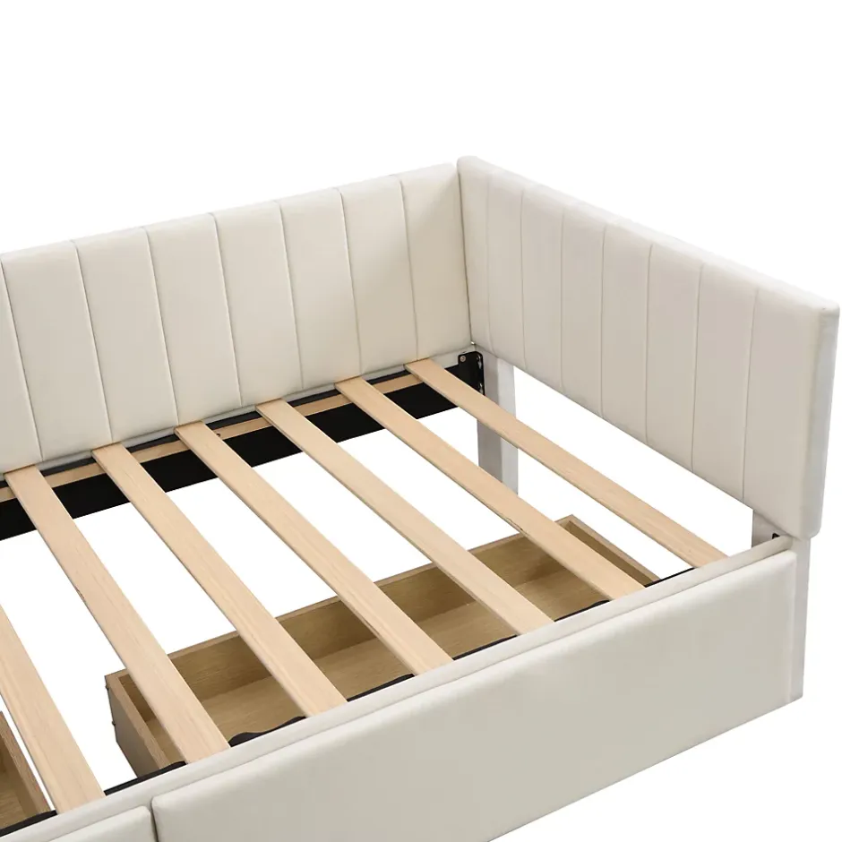 Redom Canapé 90x200 cm avec 2 grands tiroirs revetement velours beige design mid century et structure MDF Online