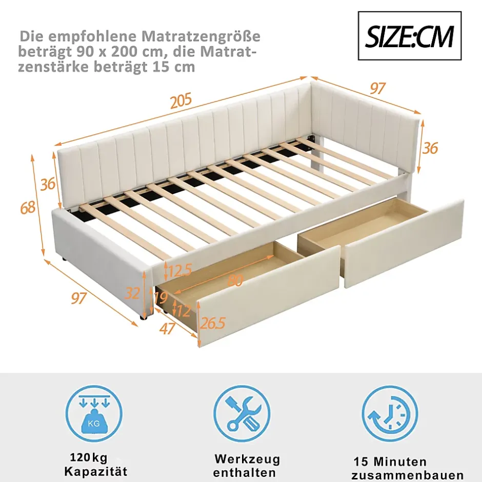 Redom Canapé 90x200 cm avec 2 grands tiroirs revetement velours beige design mid century et structure MDF Online