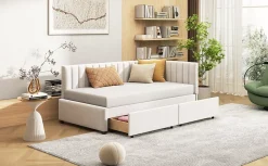 Redom Canapé 90x200 cm avec 2 grands tiroirs revetement velours beige design mid century et structure MDF Online