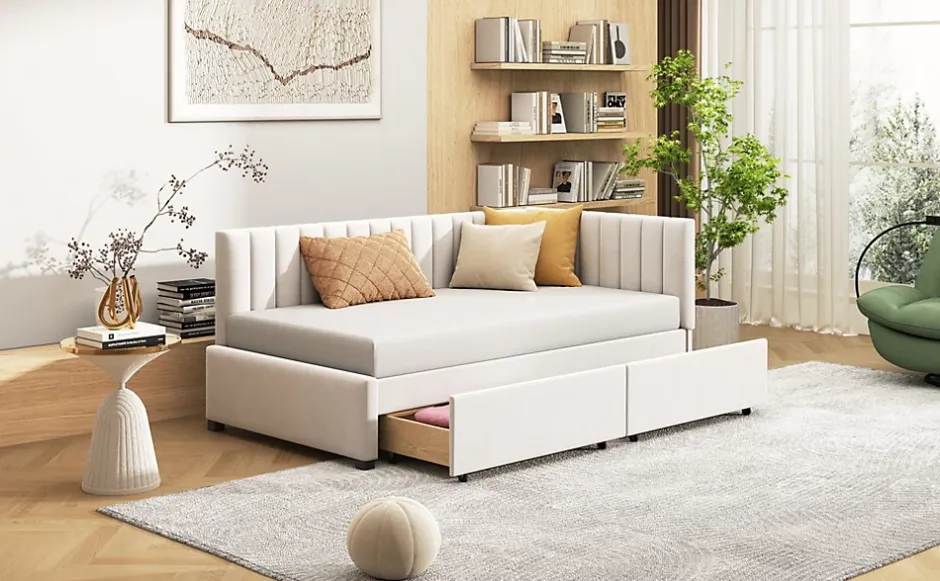 Redom Canapé 90x200 cm avec 2 grands tiroirs revetement velours beige design mid century et structure MDF Online
