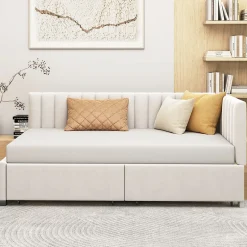 Redom Canapé 90x200 cm avec 2 grands tiroirs revetement velours beige design mid century et structure MDF Online