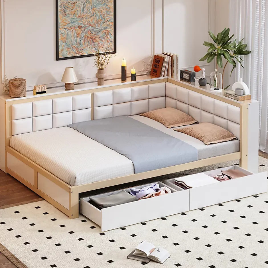 Redom Canape lit bois 140 par 200 cm lit multifonction dossier doux tiroir rangement lit simple junior pin massif couleur bois Online