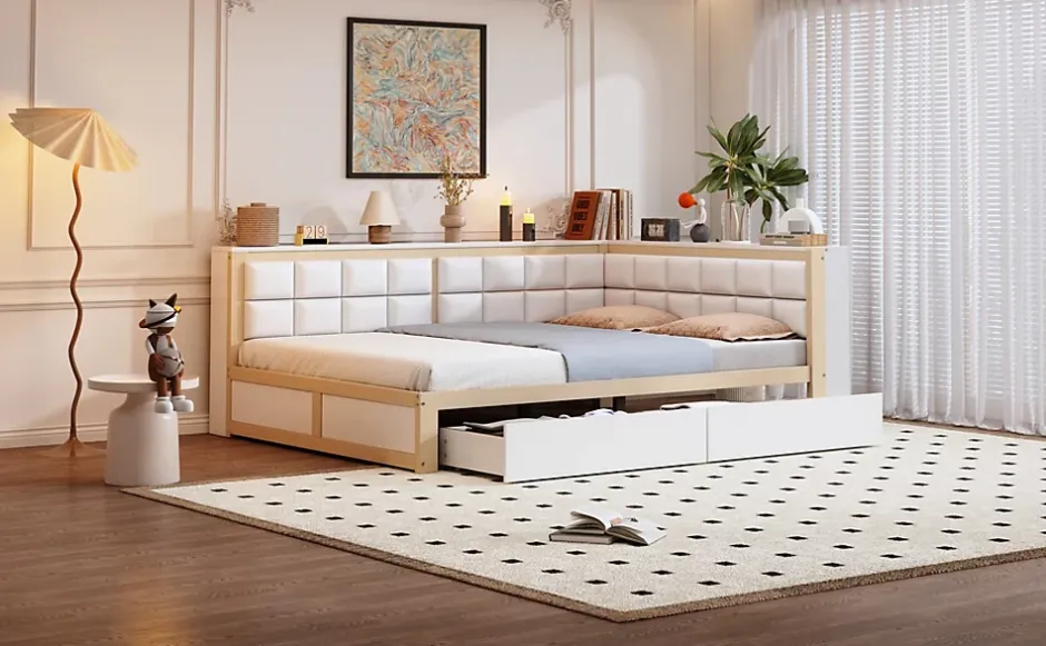 Redom Canape lit bois 140 par 200 cm lit multifonction dossier doux tiroir rangement lit simple junior pin massif couleur bois Online