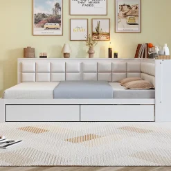 Redom Canape lit bois 140 x 200 cm lit multifonction dossier doux grand tiroir rangement lit simple junior pin massif blanc Online