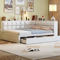 Redom Canape lit bois 140 x 200 cm lit multifonction dossier doux grand tiroir rangement lit simple junior pin massif blanc Online