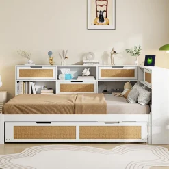 Redom Canape lit bois 140x200 avec lit gigogne lit multifonction avec rangements multiples et prise de charge blanc