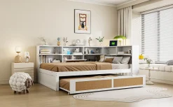 Redom Canape lit bois 140x200 avec lit gigogne lit multifonction avec rangements multiples et prise de charge blanc