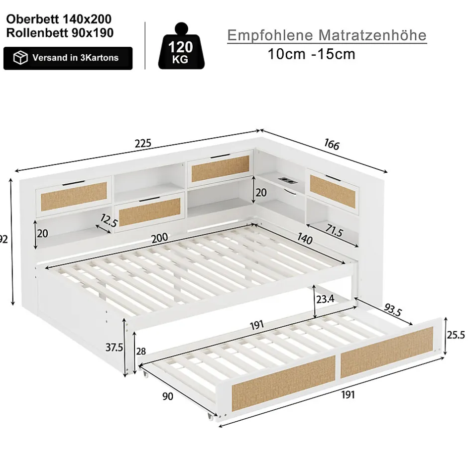Redom Canape lit bois 140x200 avec lit gigogne lit multifonction avec rangements multiples et prise de charge blanc