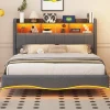 Redom Canape lit 140x200 avec eclairage LED rangement tete en tissu gris et ports USB Type C