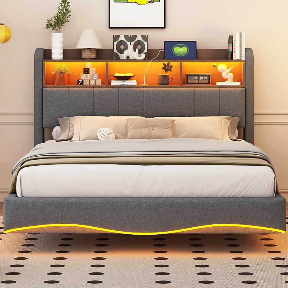 Redom Canape lit 140x200 avec eclairage LED rangement tete en tissu gris et ports USB Type C