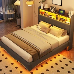 Redom Canape lit 140x200 avec eclairage LED rangement tete en tissu gris et ports USB Type C