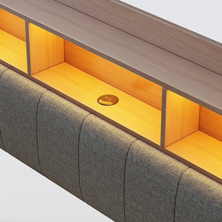 Redom Canape lit 140x200 avec eclairage LED rangement tete en tissu gris et ports USB Type C