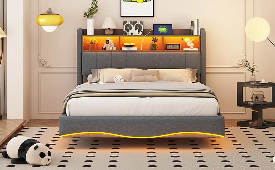 Redom Canape lit 140x200 avec eclairage LED rangement tete en tissu gris et ports USB Type C