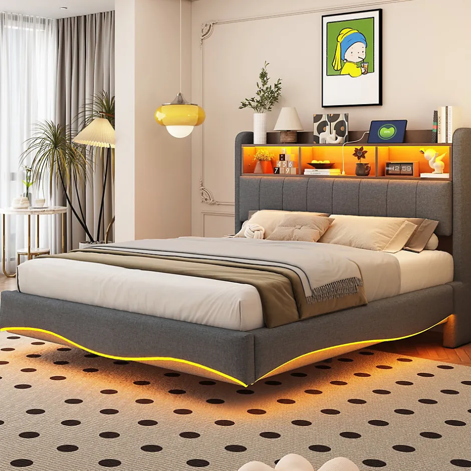 Redom Canape lit 140x200 avec eclairage LED rangement tete en tissu gris et ports USB Type C